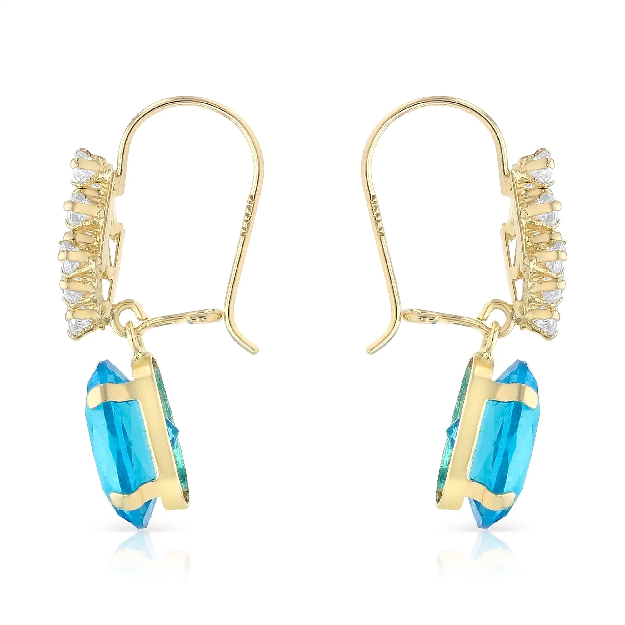 14K Gold CZ Oval Drop Hanging Earrings