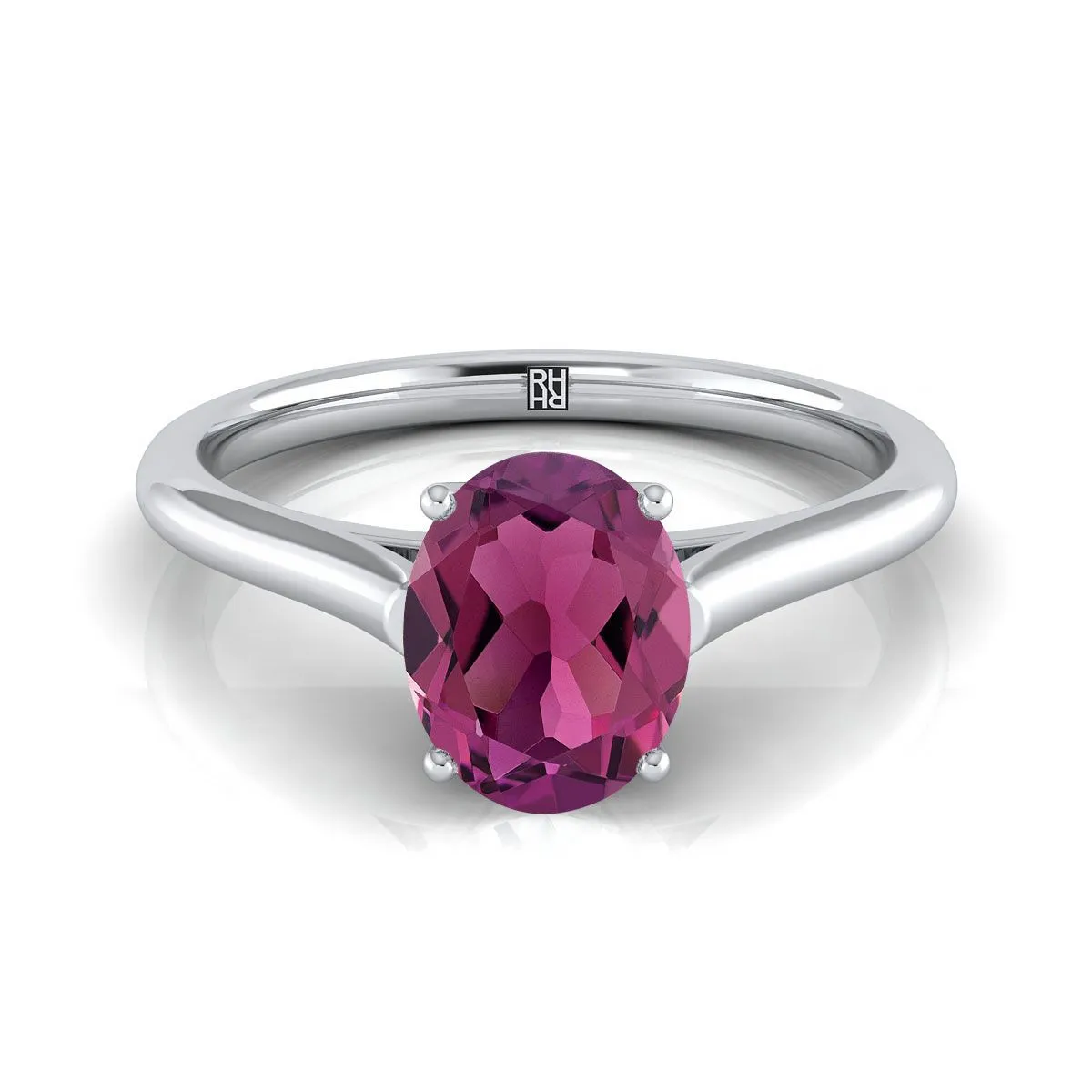 14K White Gold Oval Garnet Cathedral Style Comfort Fit Solitaire Engagement Ring