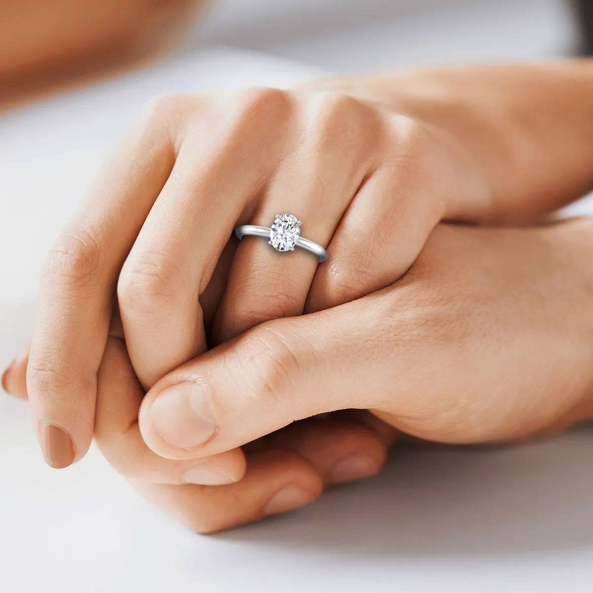 18K White Gold Oval Aquamarine Round Comfort Fit Claw Prong Solitaire Engagement Ring