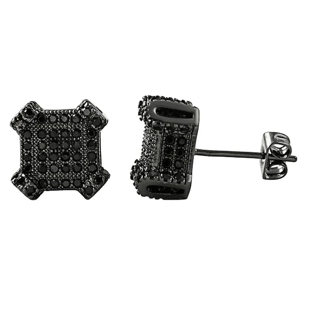 3D Edgy Box Black CZ Earrings
