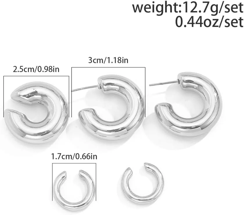 5Pcs Ear Cuff Earrings Statement Gold Round Huggie Hoop, Chunky Big Silver Clip On Non Piercing Cuff Earring for Women Charm Thick Trendy Party Jewelry Gift