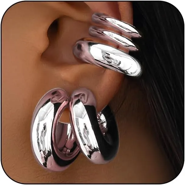 5Pcs Ear Cuff Earrings Statement Gold Round Huggie Hoop, Chunky Big Silver Clip On Non Piercing Cuff Earring for Women Charm Thick Trendy Party Jewelry Gift