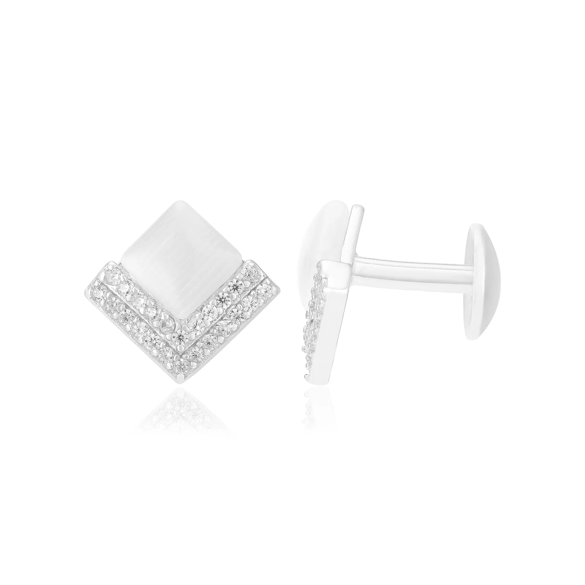 925 Rhodium Sterling Silver Diamond Shaped V Layer Stoned Earrings For Women