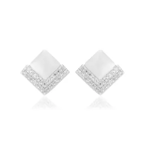 925 Rhodium Sterling Silver Diamond Shaped V Layer Stoned Earrings For Women