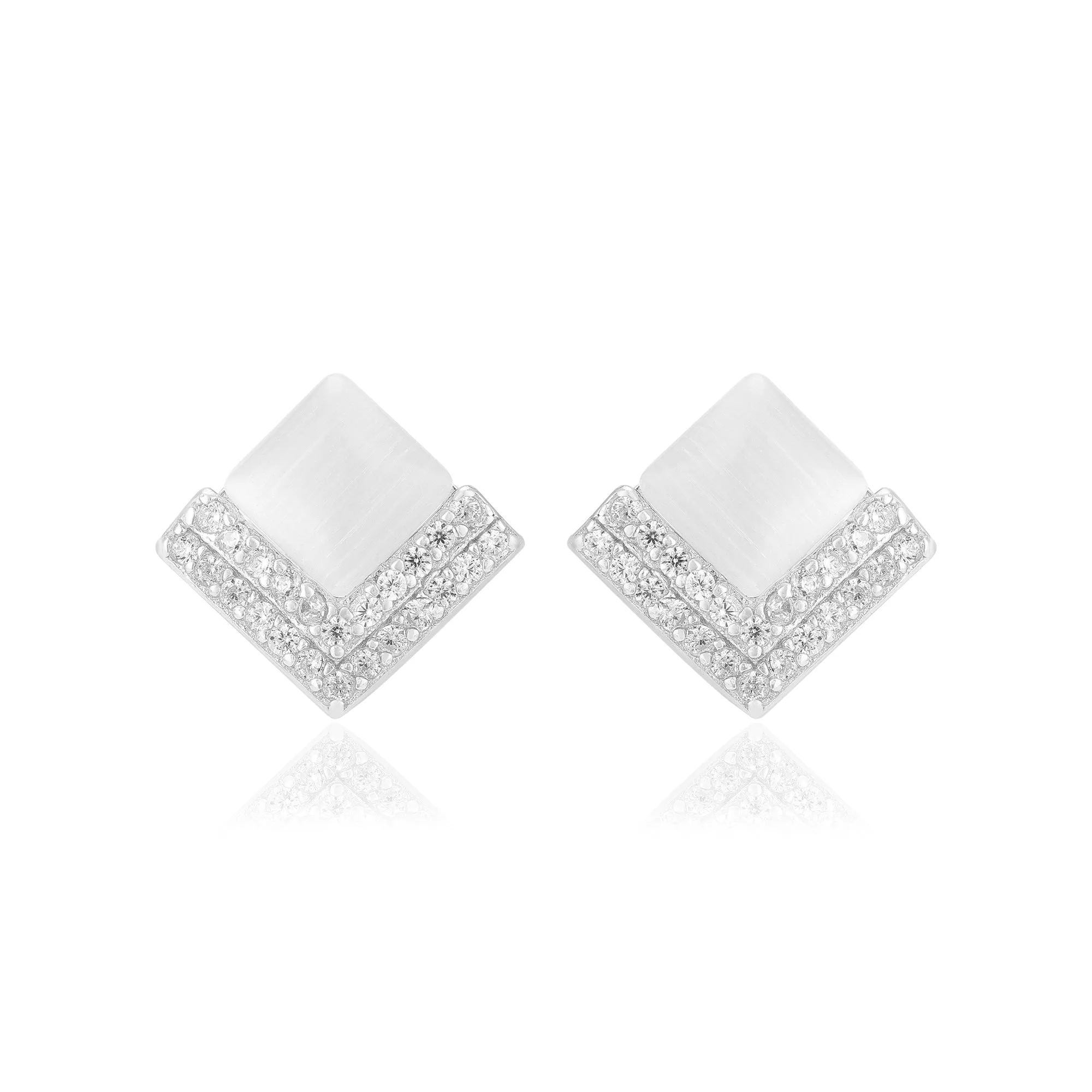 925 Rhodium Sterling Silver Diamond Shaped V Layer Stoned Earrings For Women