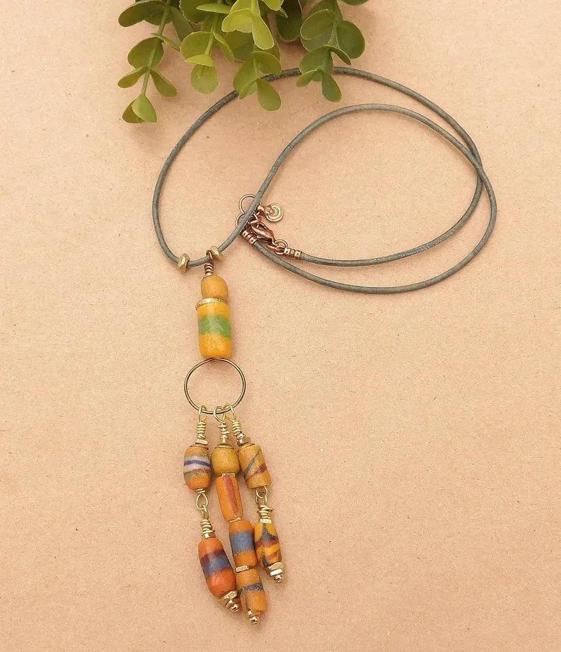 African Sandcast, Turquoise and Recycled Glass Beads Pendant Necklaces