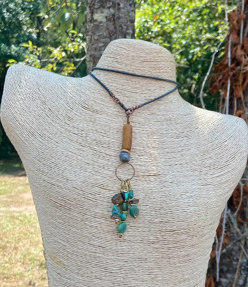 African Sandcast, Turquoise and Recycled Glass Beads Pendant Necklaces