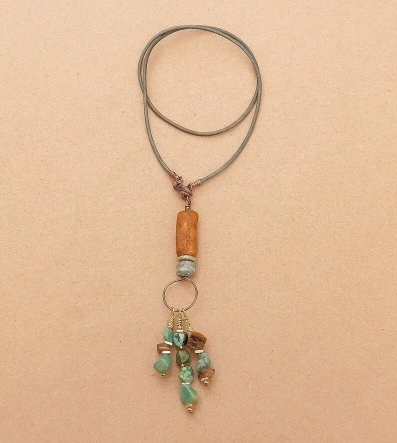 African Sandcast, Turquoise and Recycled Glass Beads Pendant Necklaces