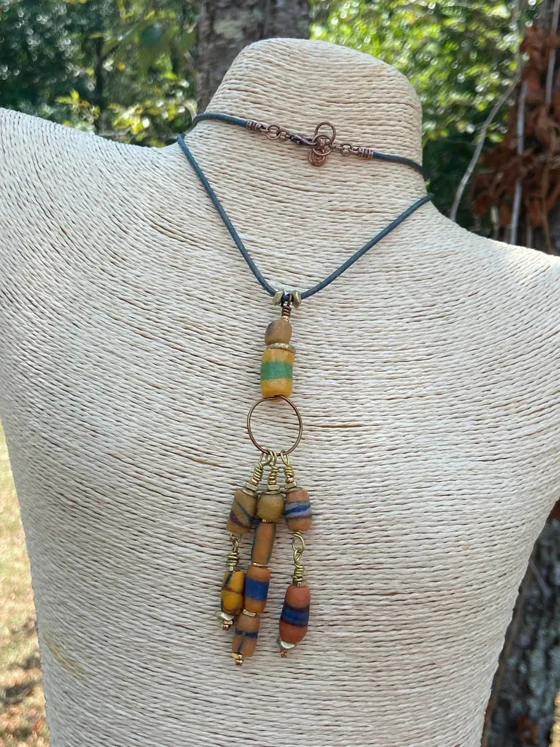 African Sandcast, Turquoise and Recycled Glass Beads Pendant Necklaces
