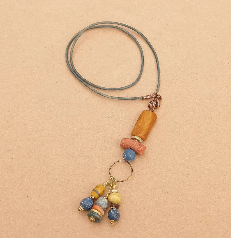 African Sandcast, Turquoise and Recycled Glass Beads Pendant Necklaces