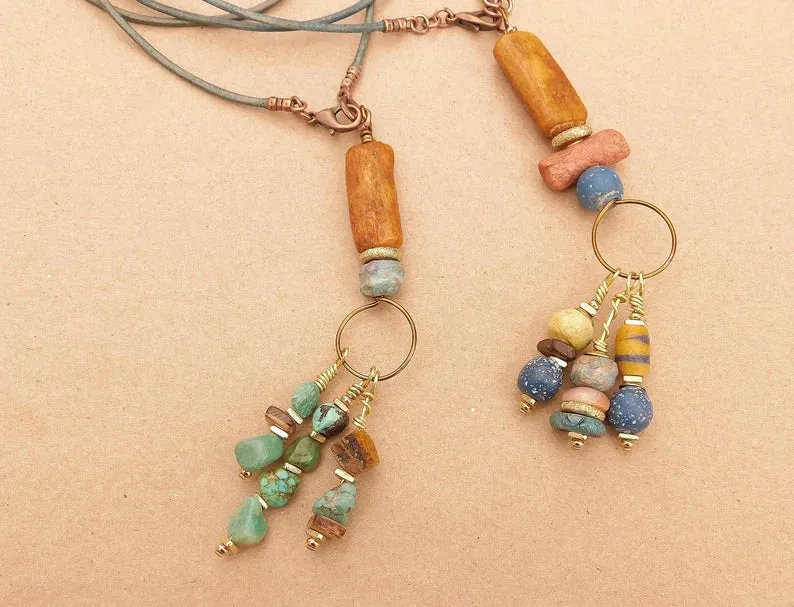 African Sandcast, Turquoise and Recycled Glass Beads Pendant Necklaces