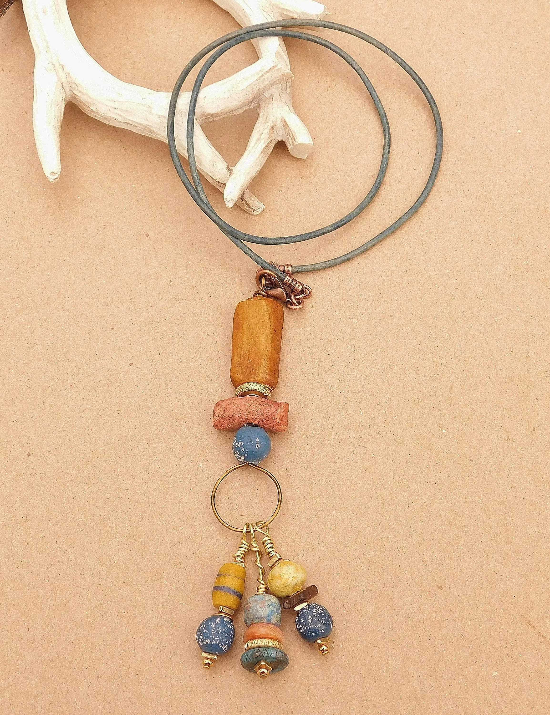 African Sandcast, Turquoise and Recycled Glass Beads Pendant Necklaces
