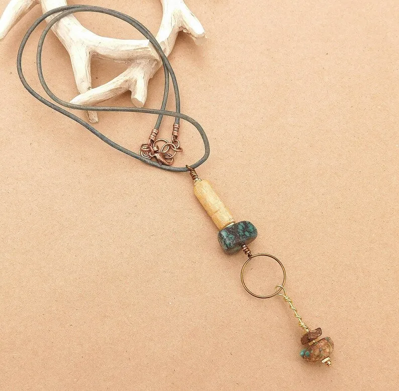 African Sandcast, Turquoise and Recycled Glass Beads Pendant Necklaces