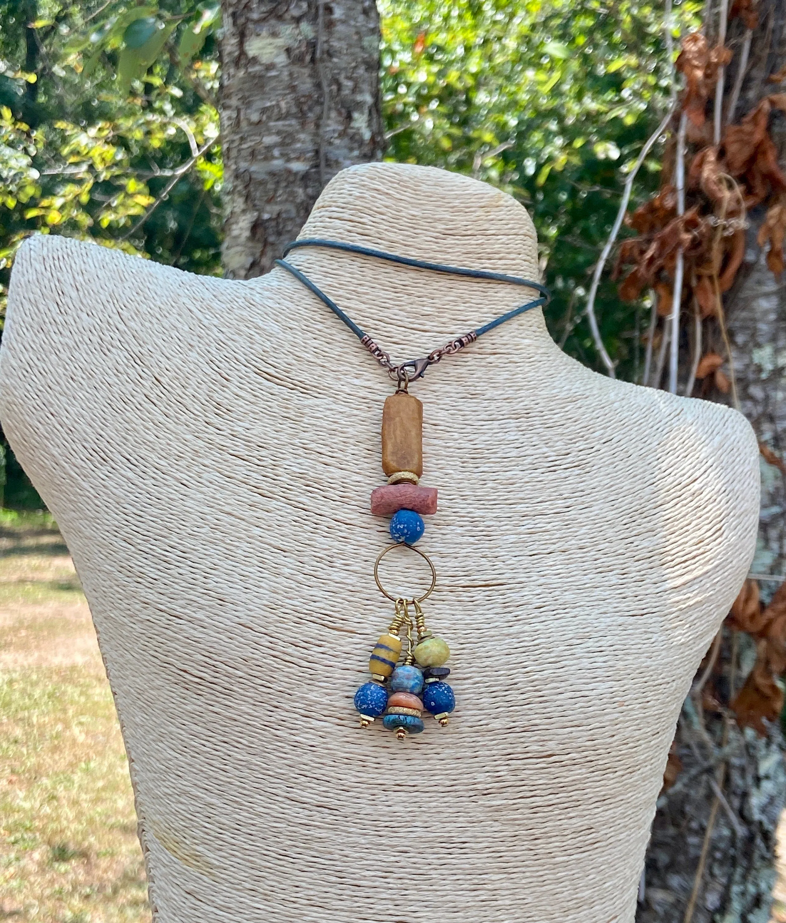 African Sandcast, Turquoise and Recycled Glass Beads Pendant Necklaces