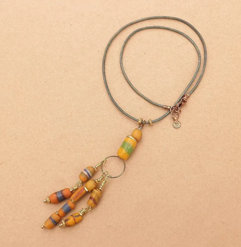 African Sandcast, Turquoise and Recycled Glass Beads Pendant Necklaces