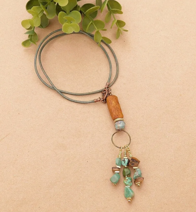 African Sandcast, Turquoise and Recycled Glass Beads Pendant Necklaces