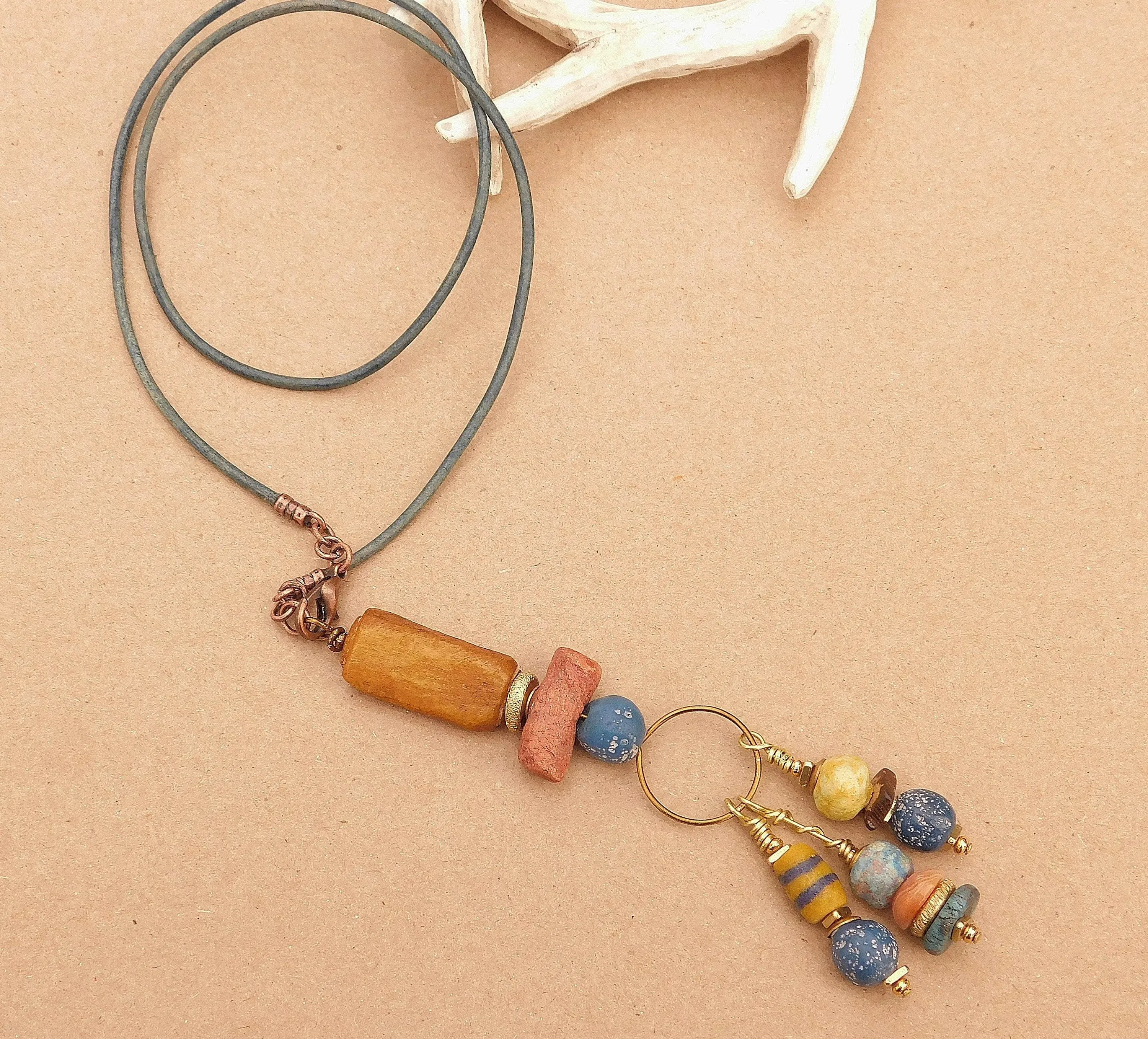 African Sandcast, Turquoise and Recycled Glass Beads Pendant Necklaces