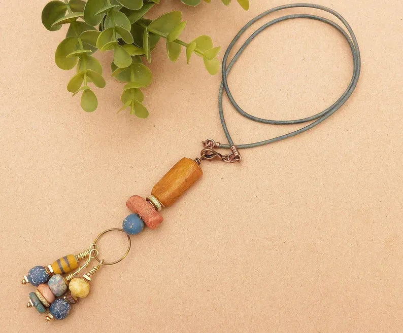 African Sandcast, Turquoise and Recycled Glass Beads Pendant Necklaces