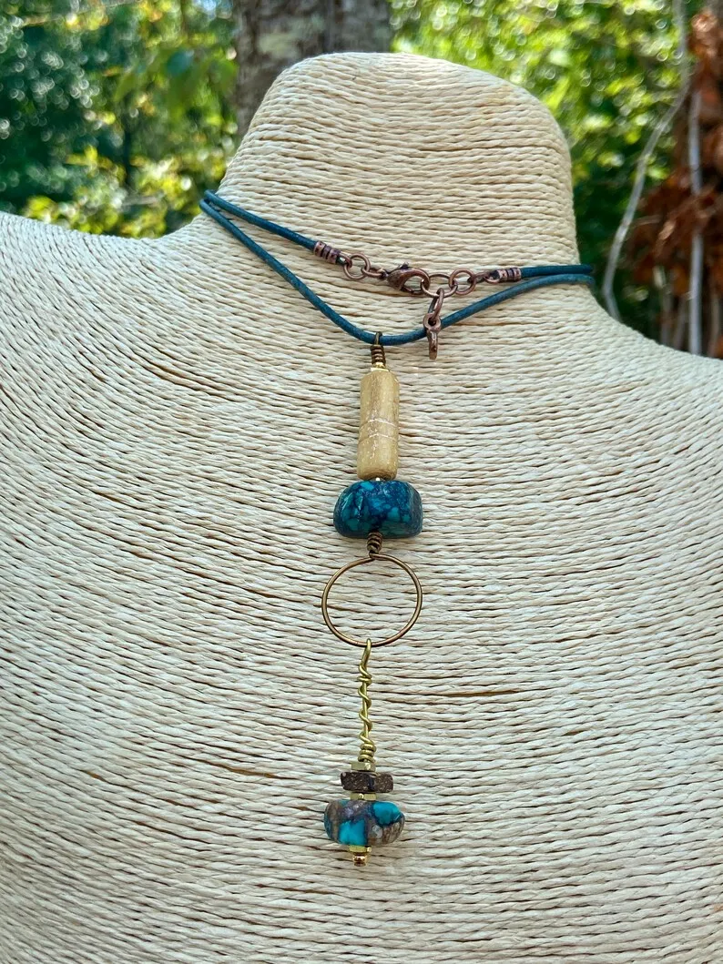 African Sandcast, Turquoise and Recycled Glass Beads Pendant Necklaces