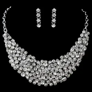 Antique Silver Clear Rhinestone Statement Bridal Wedding Necklace & Earrings Set 9962