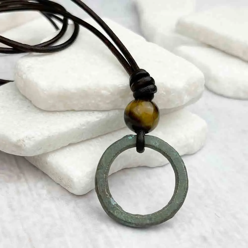 Brightest Green Bronze Celtic Ring Money & Yellow Tigers Eye Leather Necklace | Artifact #7157