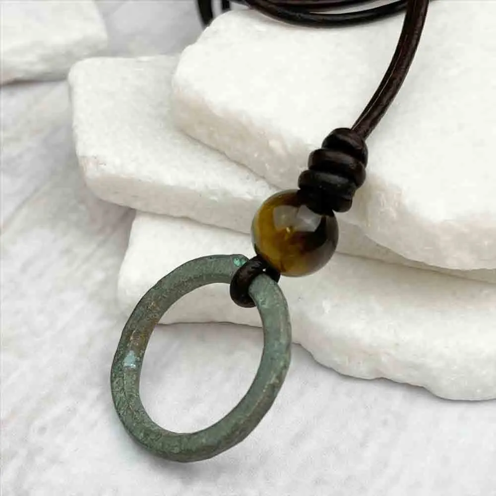 Brightest Green Bronze Celtic Ring Money & Yellow Tigers Eye Leather Necklace | Artifact #7157