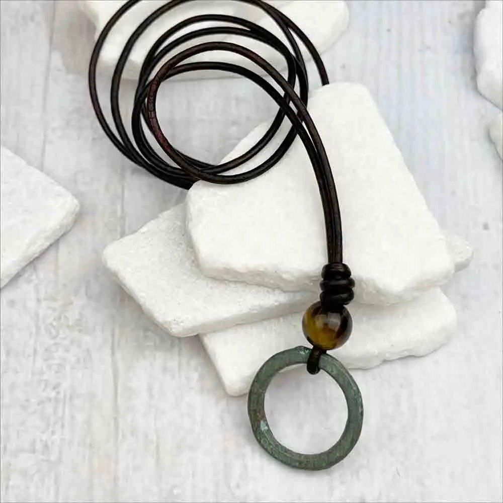 Brightest Green Bronze Celtic Ring Money & Yellow Tigers Eye Leather Necklace | Artifact #7157