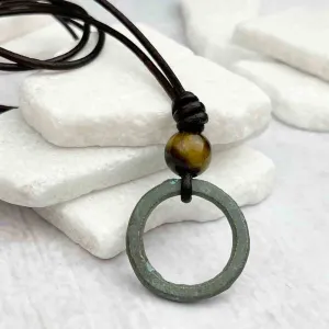 Brightest Green Bronze Celtic Ring Money & Yellow Tigers Eye Leather Necklace | Artifact #7157