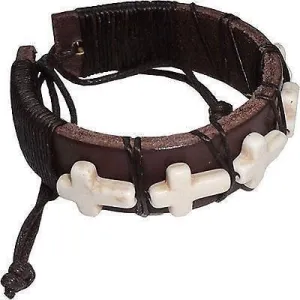 Brown Leather Cream Religious Crucifix Cross Bracelet Wristband Mens Womens Boys