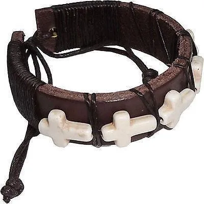 Brown Leather Cream Religious Crucifix Cross Bracelet Wristband Mens Womens Boys