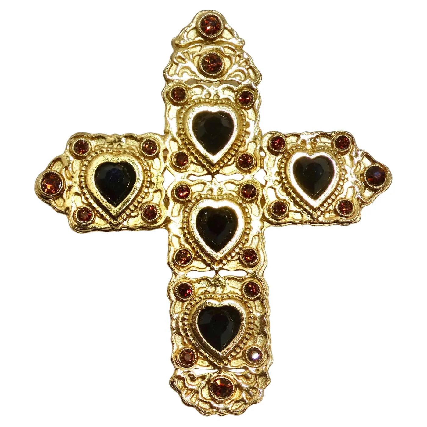 Butler & Wilson 1980s Gold Tone Black Stone Cross Brooch