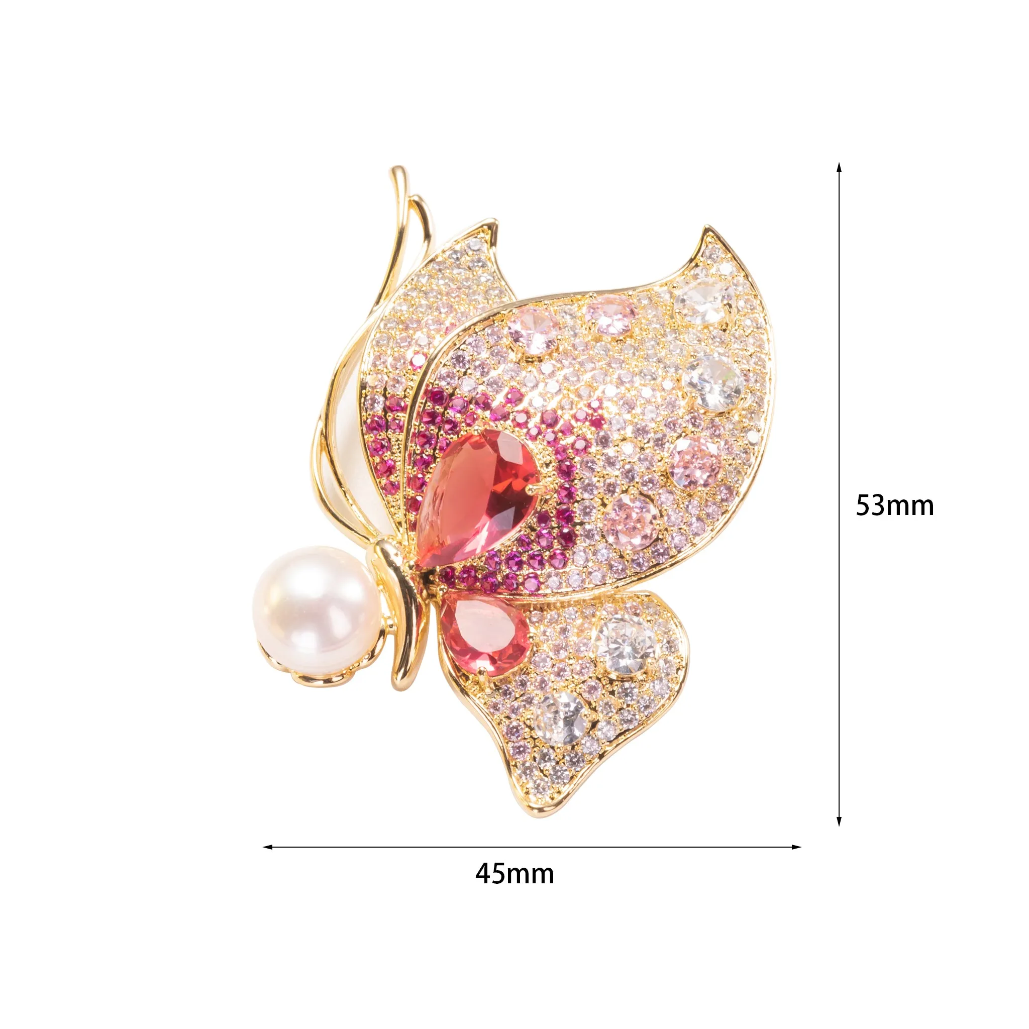 Butterfly Brooch Pin with Pearl and Pink CZ Jewelry in Yellow gold over Brass