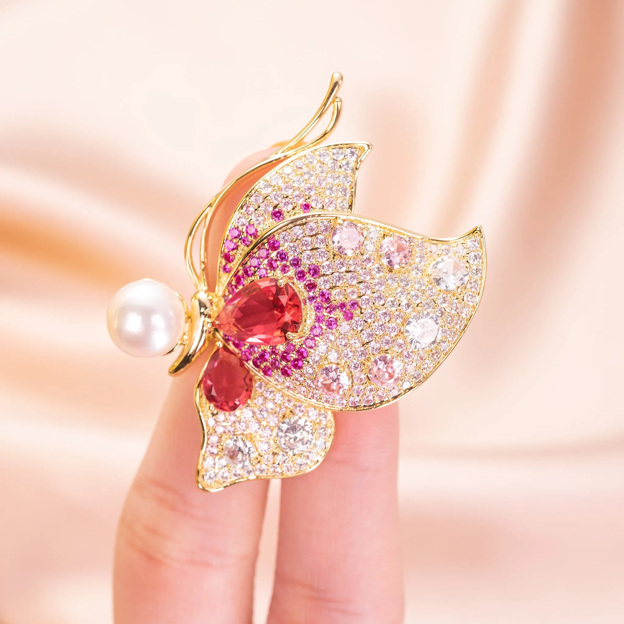 Butterfly Brooch Pin with Pearl and Pink CZ Jewelry in Yellow gold over Brass