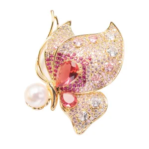 Butterfly Brooch Pin with Pearl and Pink CZ Jewelry in Yellow gold over Brass