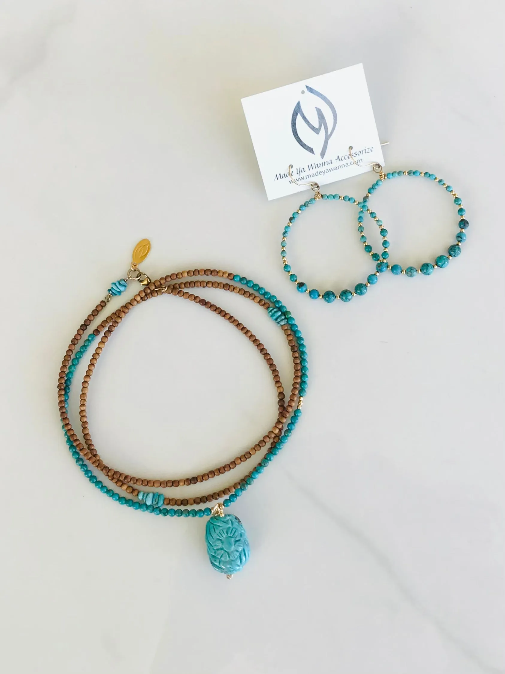 Carved Turquoise Pendant & Sandalwood Necklace