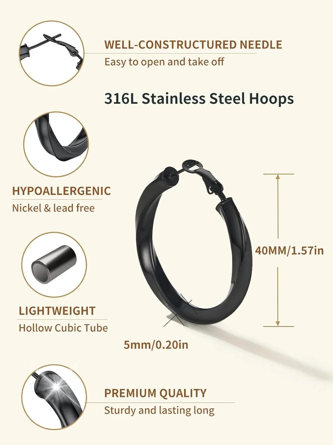 Classic Black/18K Gold Plated/Stainless Steel Hoop Earrings for Women 20mm/30mm/40mm/60mm/80mm Oversized Hypoallergenic Chunky Tube Hoops Rounded Loop Earrings Come with Box