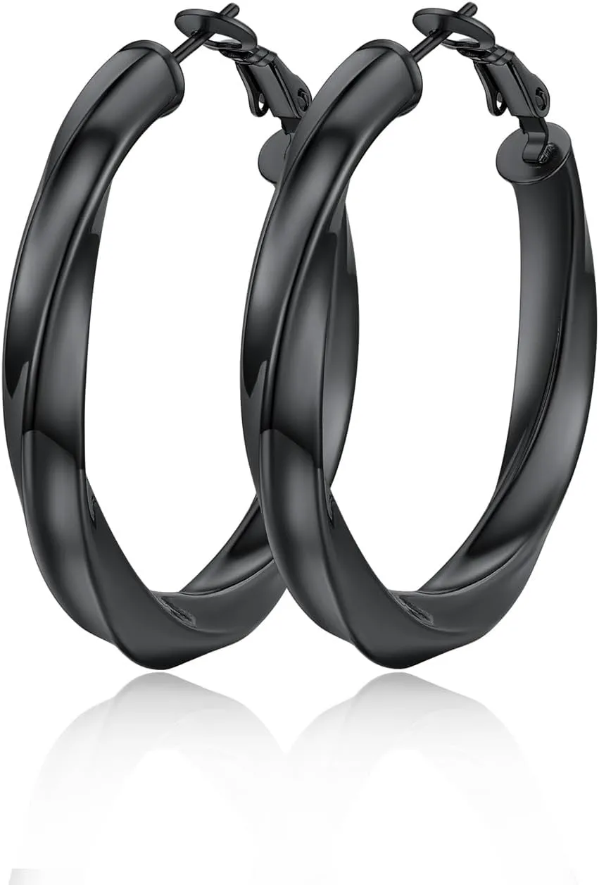 Classic Black/18K Gold Plated/Stainless Steel Hoop Earrings for Women 20mm/30mm/40mm/60mm/80mm Oversized Hypoallergenic Chunky Tube Hoops Rounded Loop Earrings Come with Box