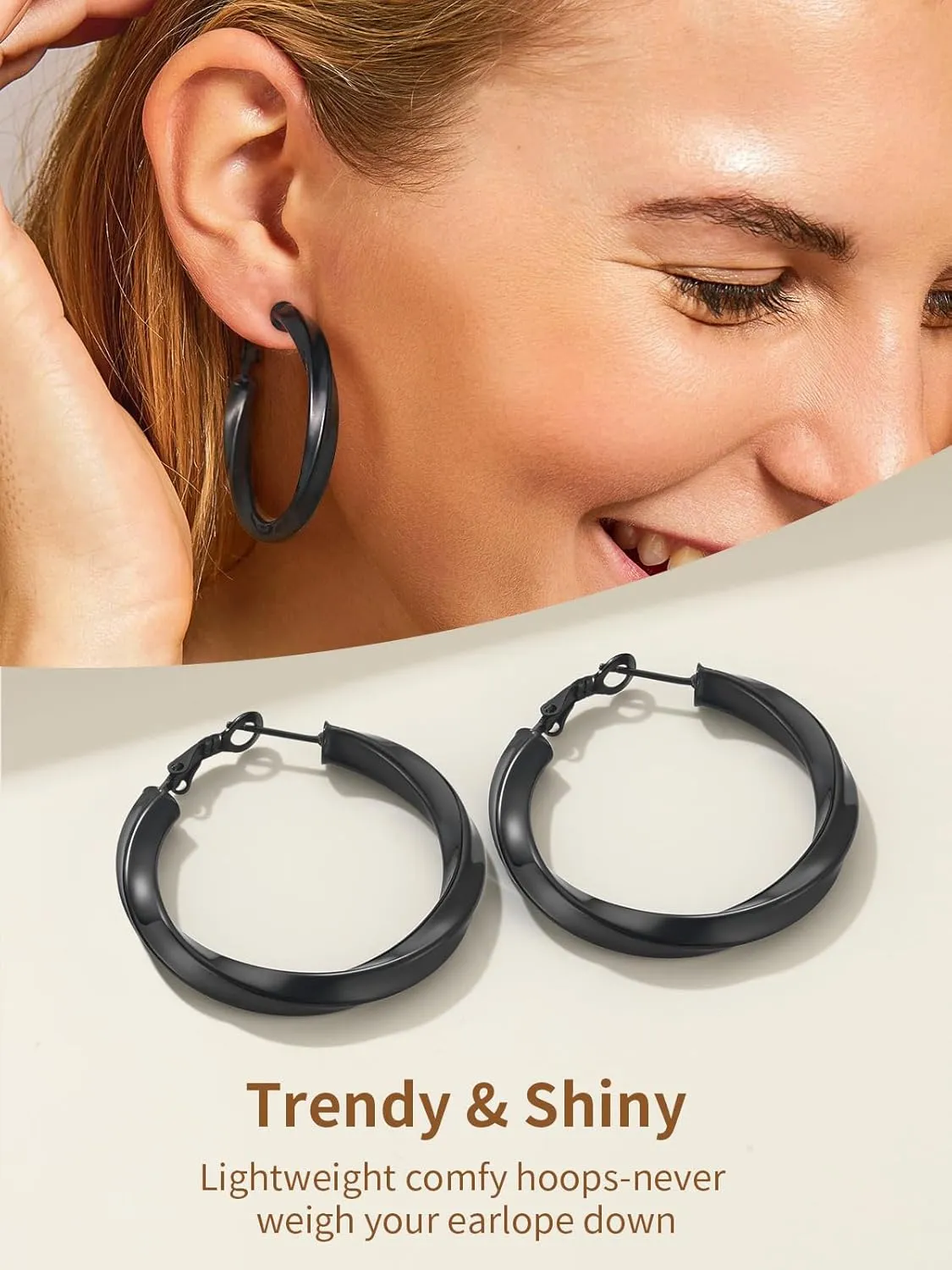 Classic Black/18K Gold Plated/Stainless Steel Hoop Earrings for Women 20mm/30mm/40mm/60mm/80mm Oversized Hypoallergenic Chunky Tube Hoops Rounded Loop Earrings Come with Box