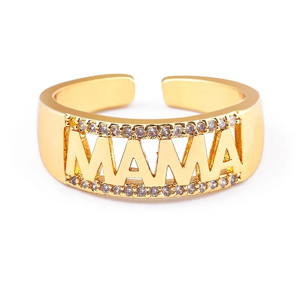 Classic Design Mama Letter Cubic Zirconia Opening Adjustable French Finger Ring