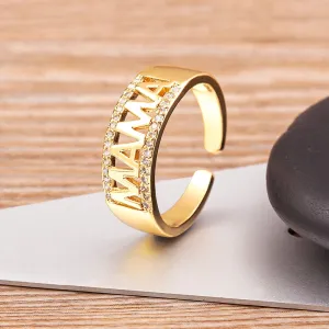 Classic Design Mama Letter Cubic Zirconia Opening Adjustable French Finger Ring
