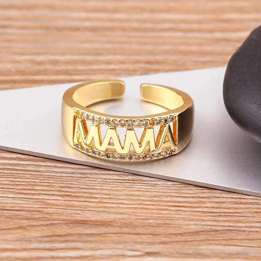 Classic Design Mama Letter Cubic Zirconia Opening Adjustable French Finger Ring