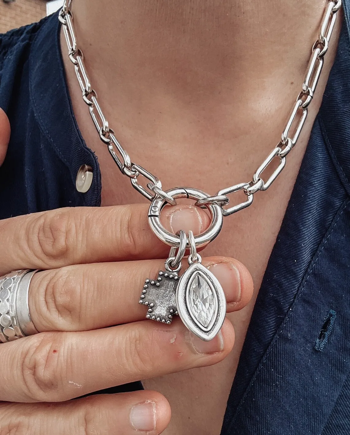 Cross & Crystal Carabiner Necklace