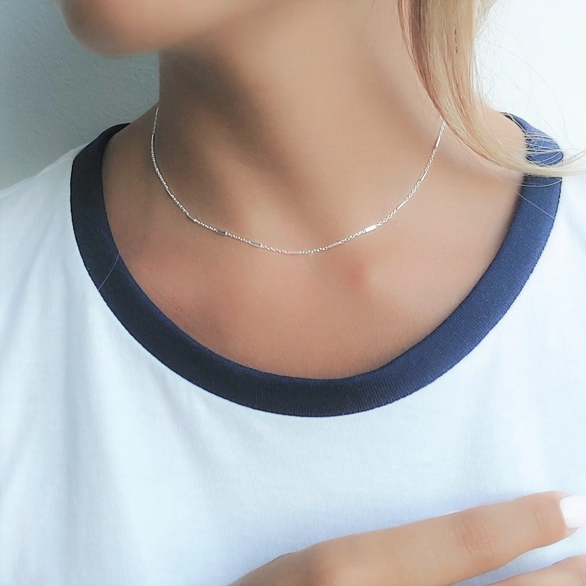 Dainty Sterling Silver Chain Choker with Tiny Tubes