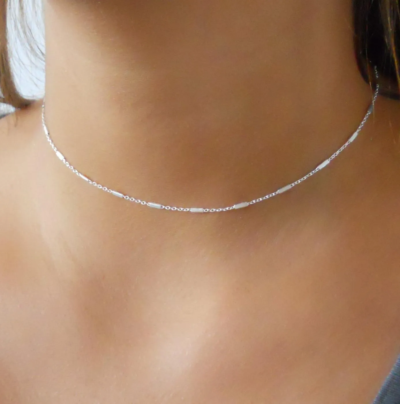 Dainty Sterling Silver Chain Choker with Tiny Tubes