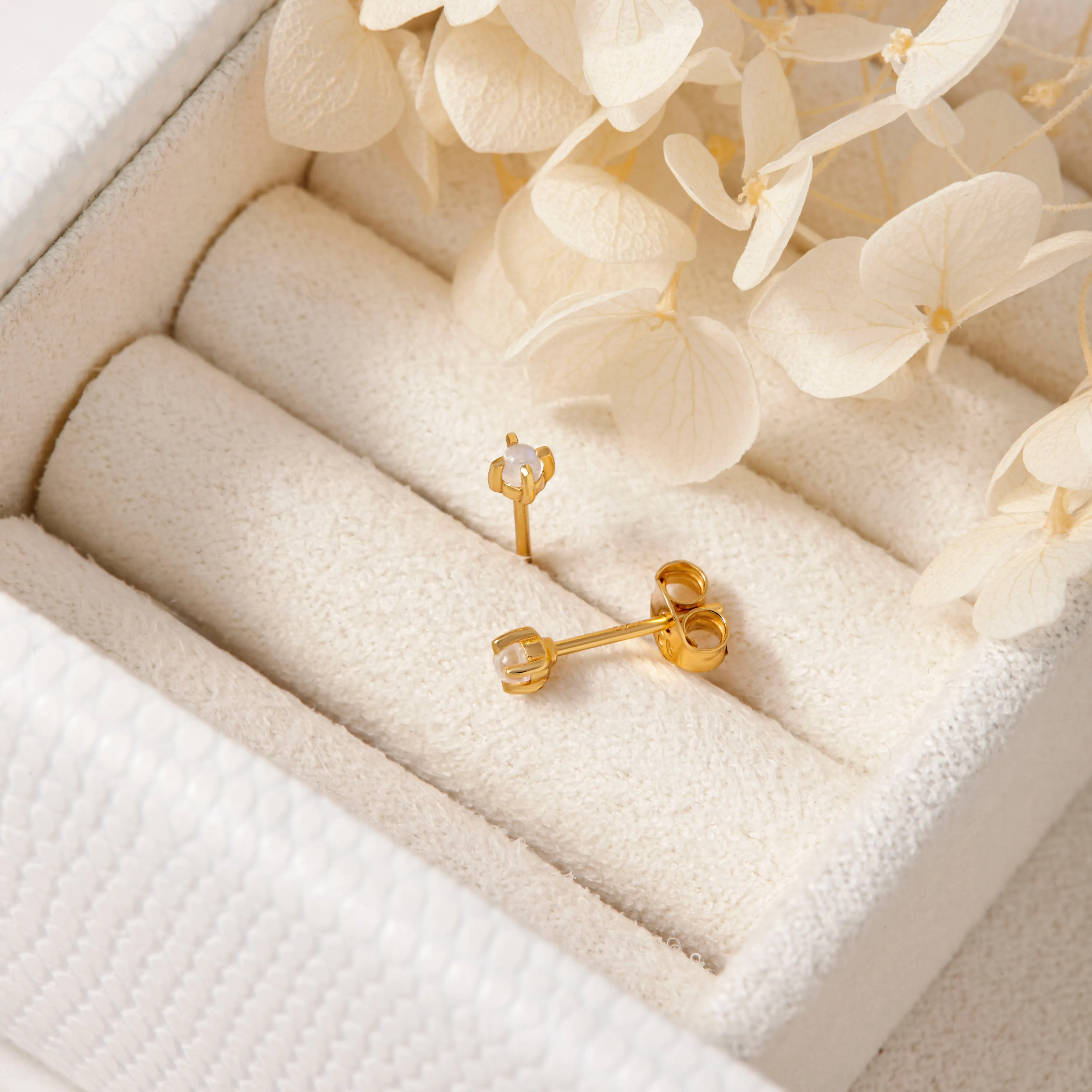 Delicate Rainbow Moonstone Gold Studs