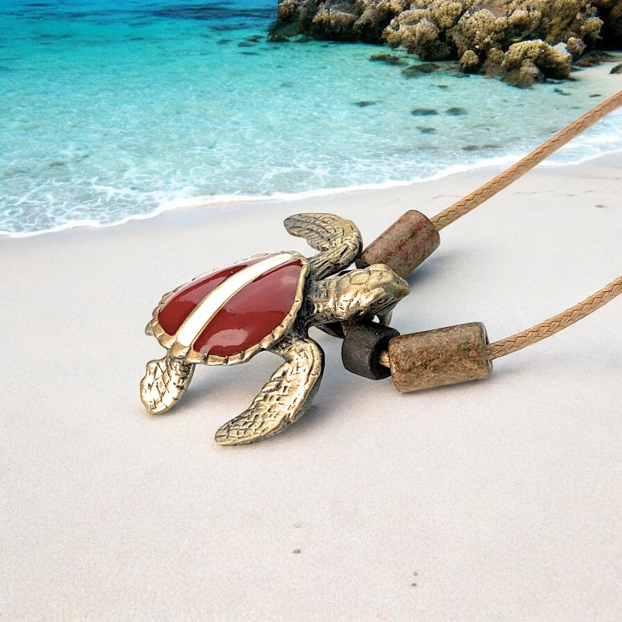 Dive Turtle Necklace for Men and Women- Solid Bronze Hawksbill Sea Turtle Dive Pendant, Scuba Diving Jewelry with Dive Flag, Gifts for Scuba Divers, Shoreline