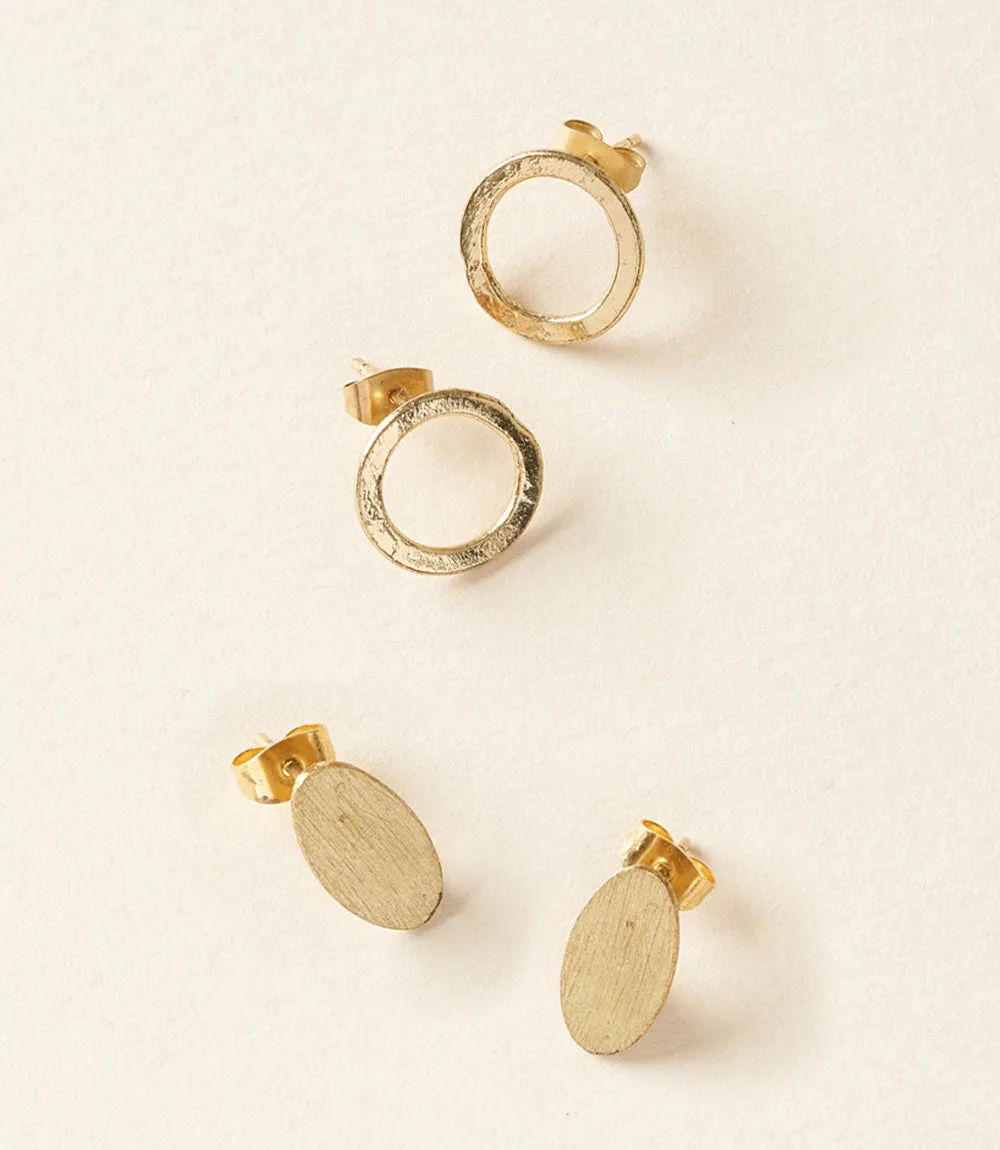 Diya Gold Stud Earrings Set of 2 - Circle, Oval by Matr Boomie