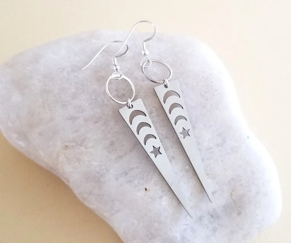 Edgy Boho Silver Triangle Moon Phase Earrings