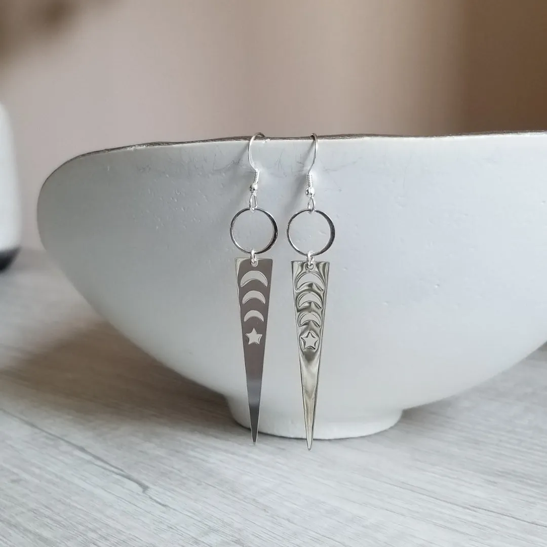 Edgy Boho Silver Triangle Moon Phase Earrings