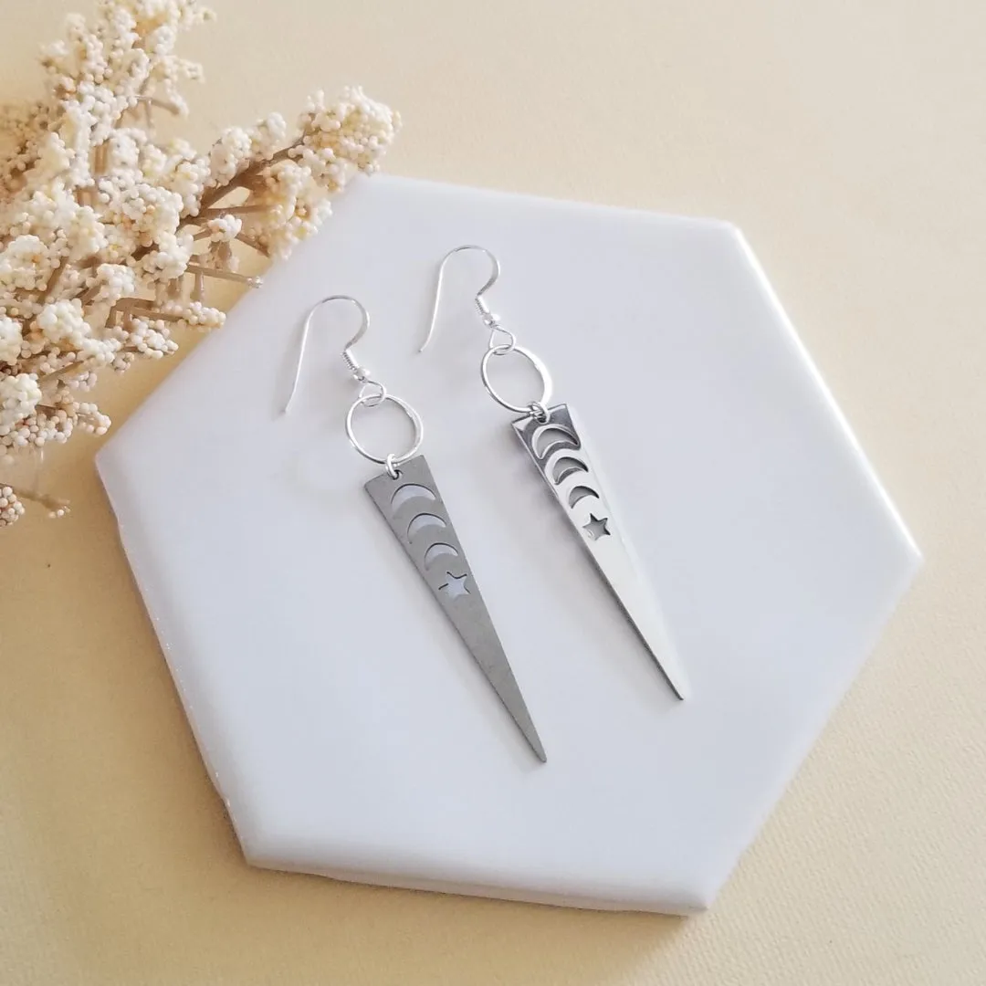 Edgy Boho Silver Triangle Moon Phase Earrings